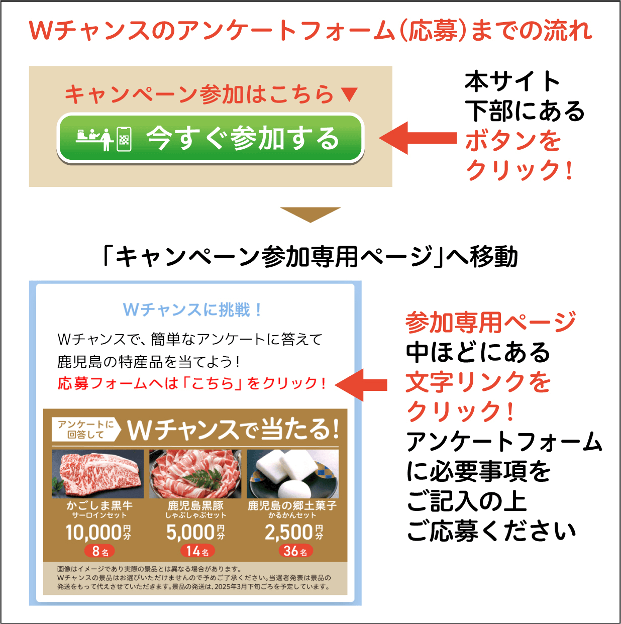 Wチャンスのアンケートフォーム(応募)までの流れ:本サイト下部にある「今すぐ参加する」ボタンをクリック!「キャンペーン参加専用サイト」へ移動、専用サイト中ほどにある文字リンクをクリック!アンケートフォームに必要事項をご記入の上ご応募ください